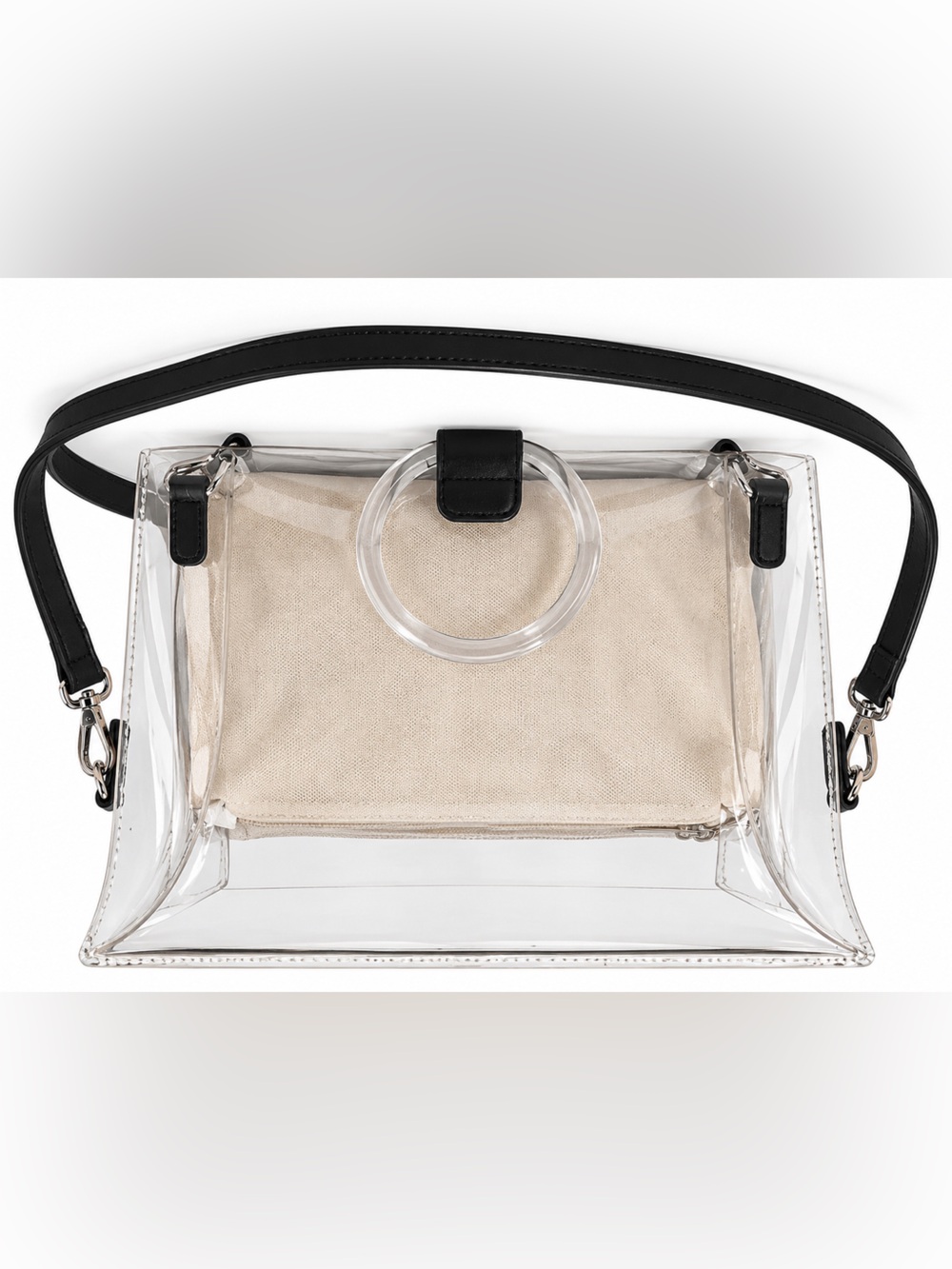 Madison West Clear Crossbody Tote with Beige Insert and Black Trim